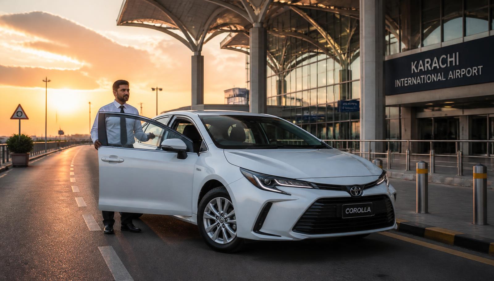 White Toyota Corolla with chauffeur at Karachi International Airport